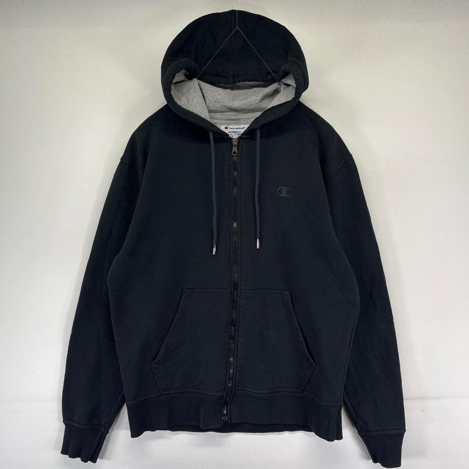 古着 チャンピオン Champion パーカー ワンポイントロゴ 刺繍 スウェット フルジップ M  ブラック系 メンズ