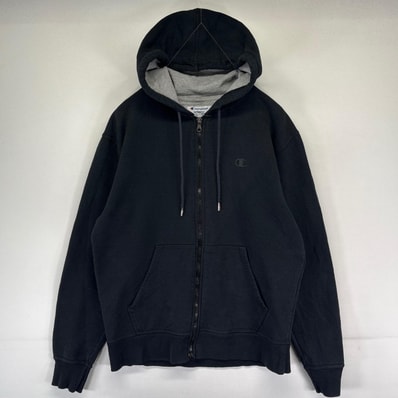 古着 チャンピオン Champion パーカー ワンポイントロゴ 刺繍 スウェット フルジップ M ブラック系 メンズ