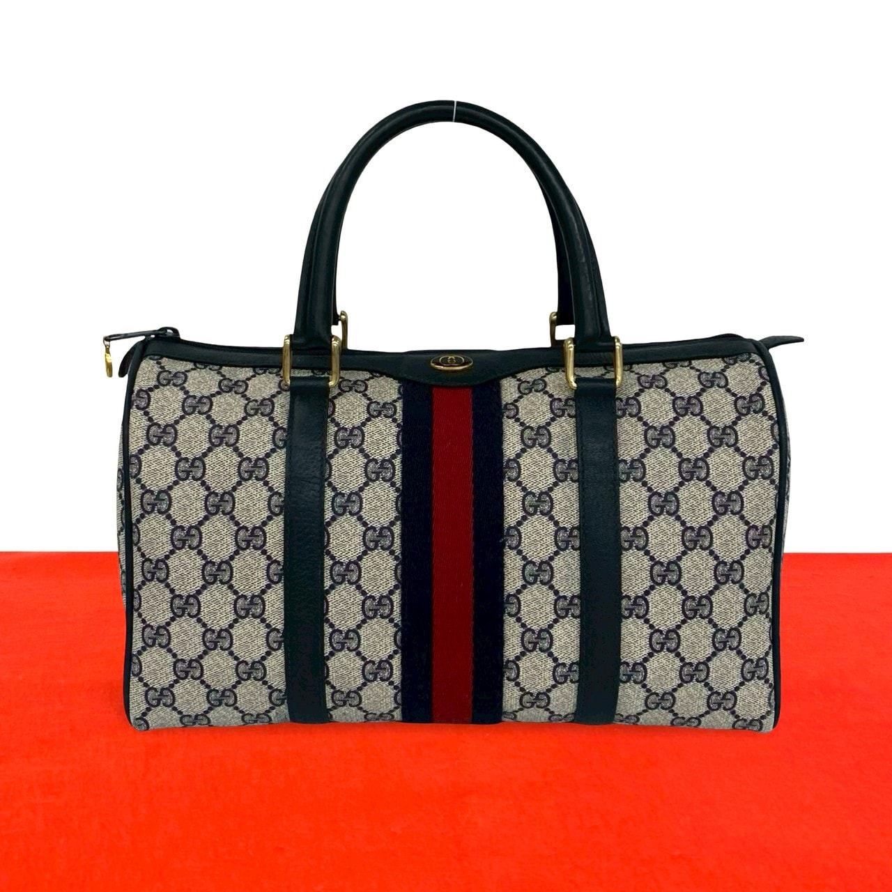 GUCCI グッチ シェリーライン GG ロゴ 柄 金具 レザー PVC ボストンバッグ ネイビー
 35599