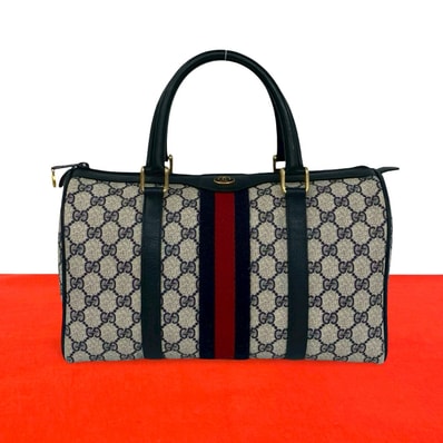 GUCCI グッチ シェリーライン GG ロゴ 柄 金具 レザー PVC ボストンバッグ ネイビー
35599