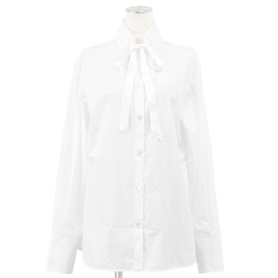 【美品】CHANEL シャネル ブロードシャツ P78962 リボンタイ コットン100% シグネチャー ロゴ ボタン ロングスリーブ 長袖 無地 トップス 袋付属 レディース サイズ 40 ホワイト 白 イタリア製