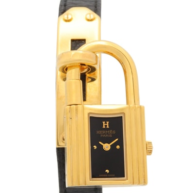 エルメス HERMES ケリーウォッチ 腕時計 時計 GP(ゴールドメッキ) レザーベルト レディース ブラック系 KE1.201 【中古】