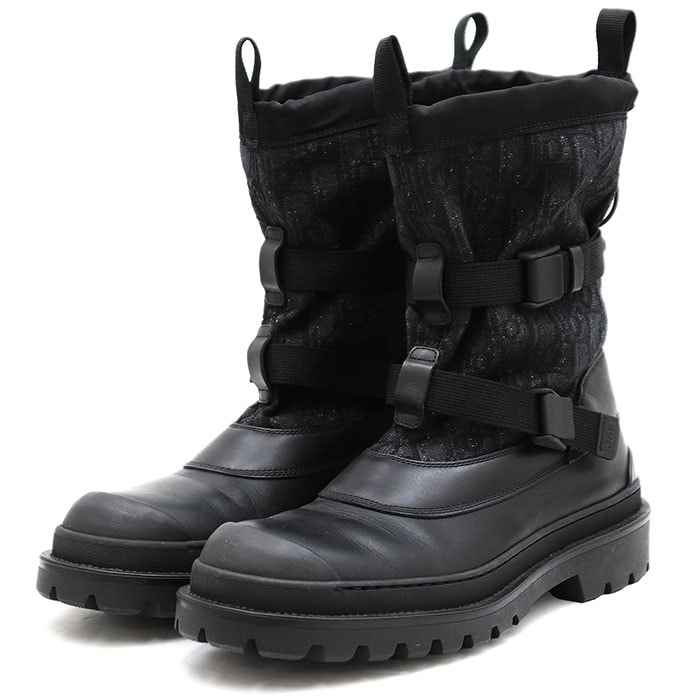 【美品】Dior ディオール オブリーク レザー ペコス ロゴ トロッター ジャガード ダブルストラップ 厚底 ワークブーツ シューズ 靴 箱/袋付属 メンズ サイズ 42 ネイビーブラック 紺 黒 イタリア製