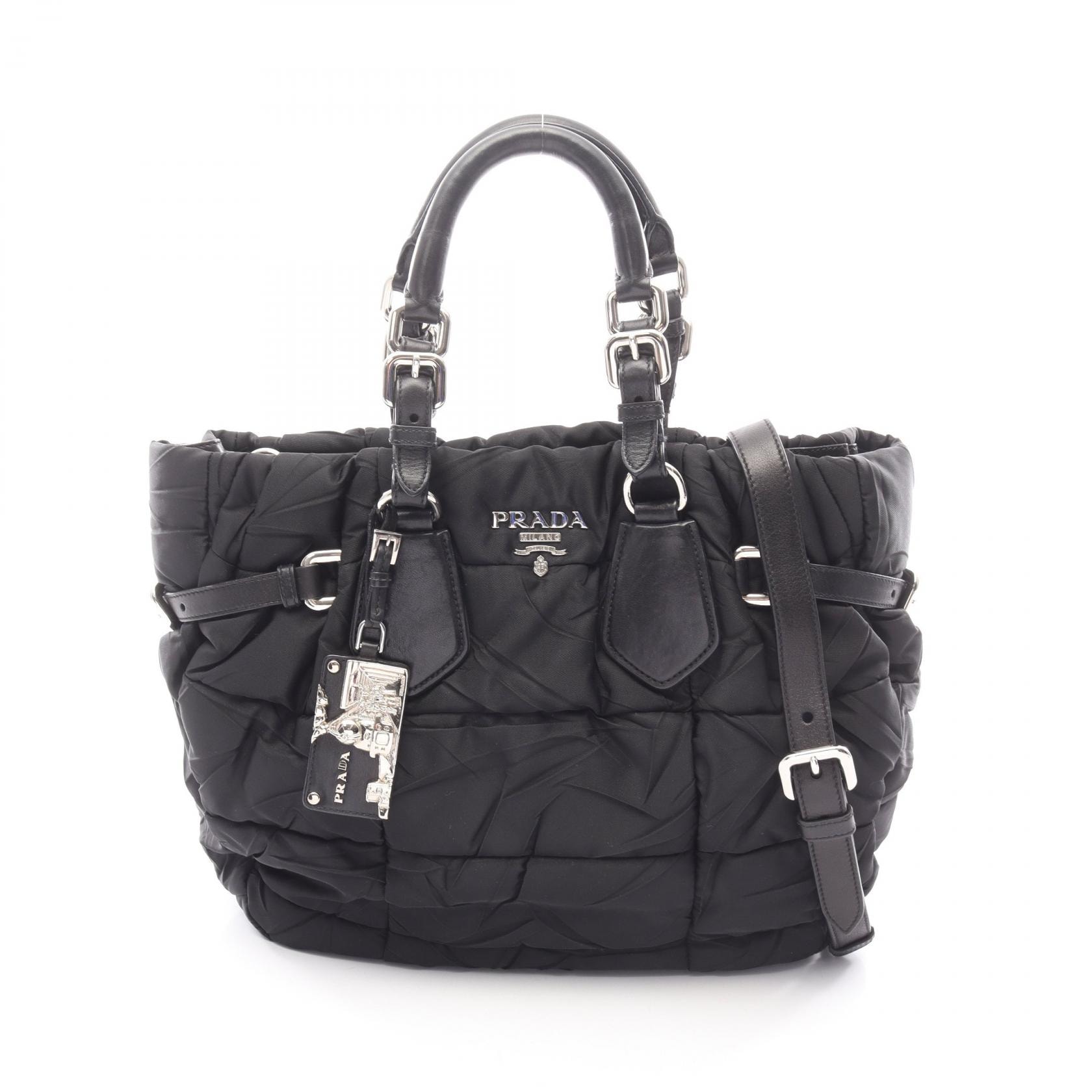 プラダ PRADA CRISPY NYLON + CA 2WAY ハンドバッグ バッグ ナイロン レザー レディース ブラック系 【中古】