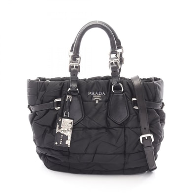 プラダ PRADA CRISPY NYLON + CA 2WAY ハンドバッグ バッグ ナイロン レザー レディース ブラック系 【中古】