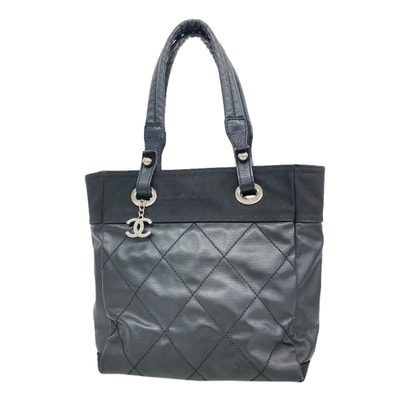 【6he5858】シャネル トートバッグ パリビアリッツ キャンバス ブラック シルバー金具【中古】レディース