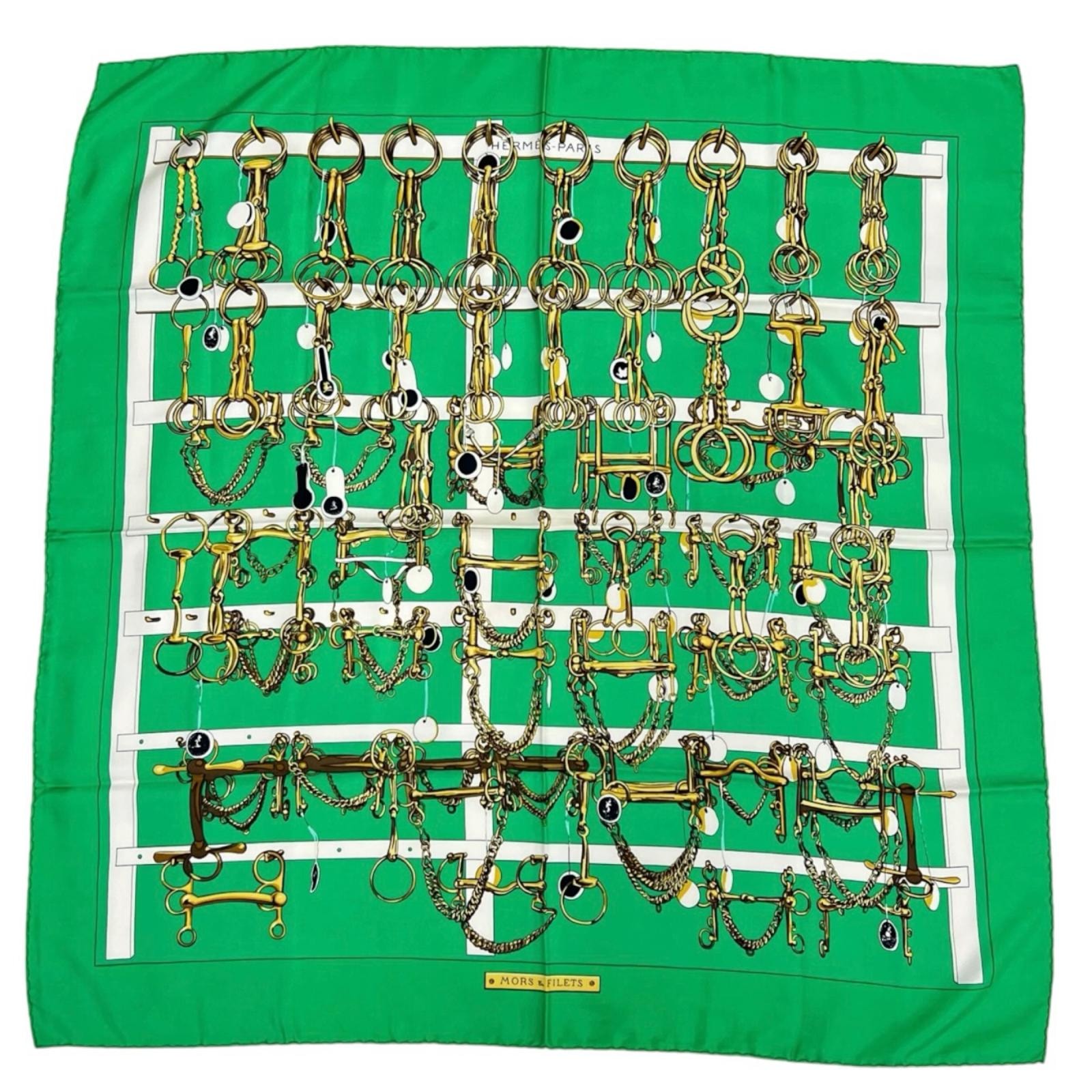 HERMES エルメス カレ90 スカーフ シルク グリーン レディース Mors & Filets(馬具とビット / モルス・エ・フィレ)【中古】