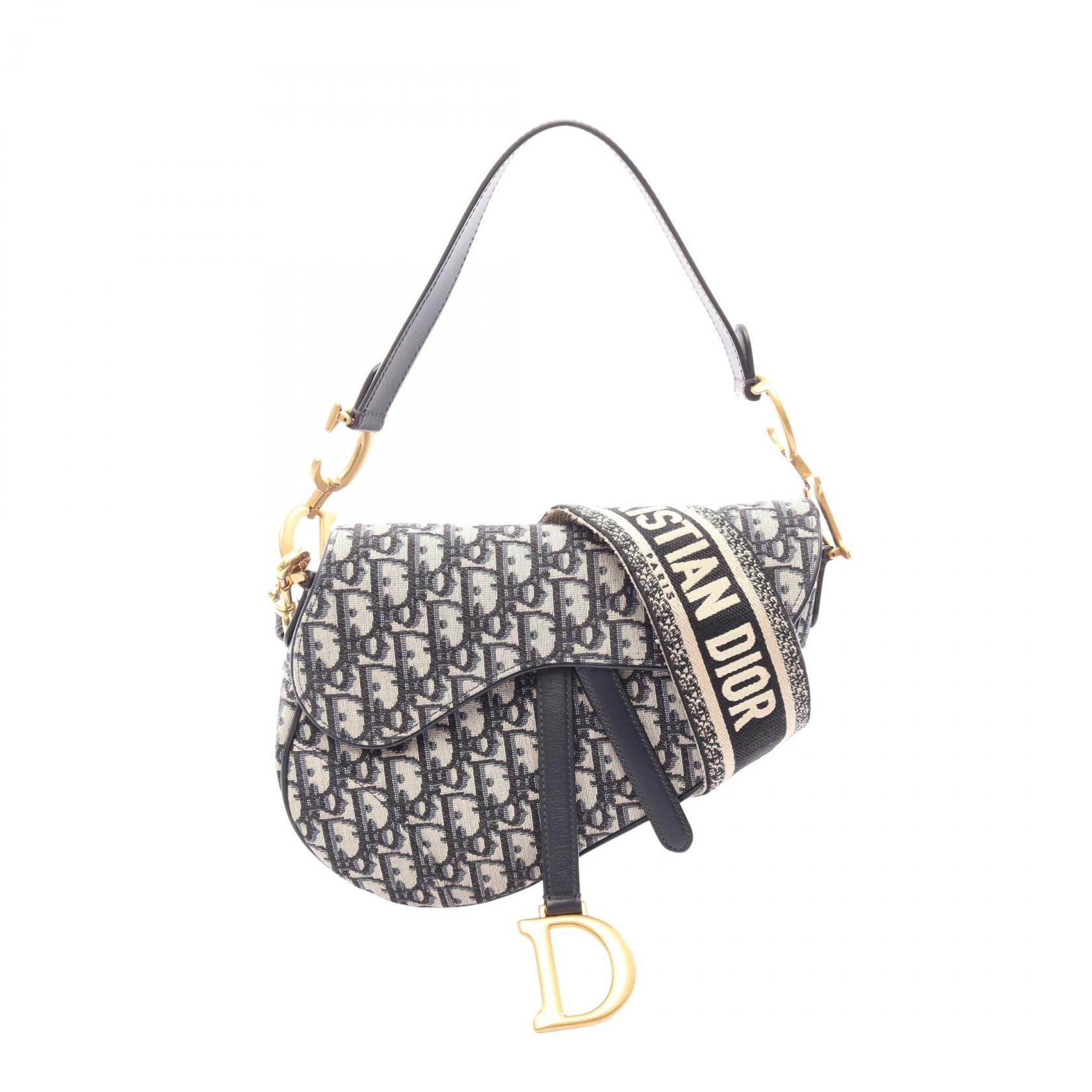 ディオール Dior サドルバッグ オブリークジャカード 2WAY ハンドバッグ バッグ キャンバス レザー レディース ベージュ系 / ネイビー系 【中古】