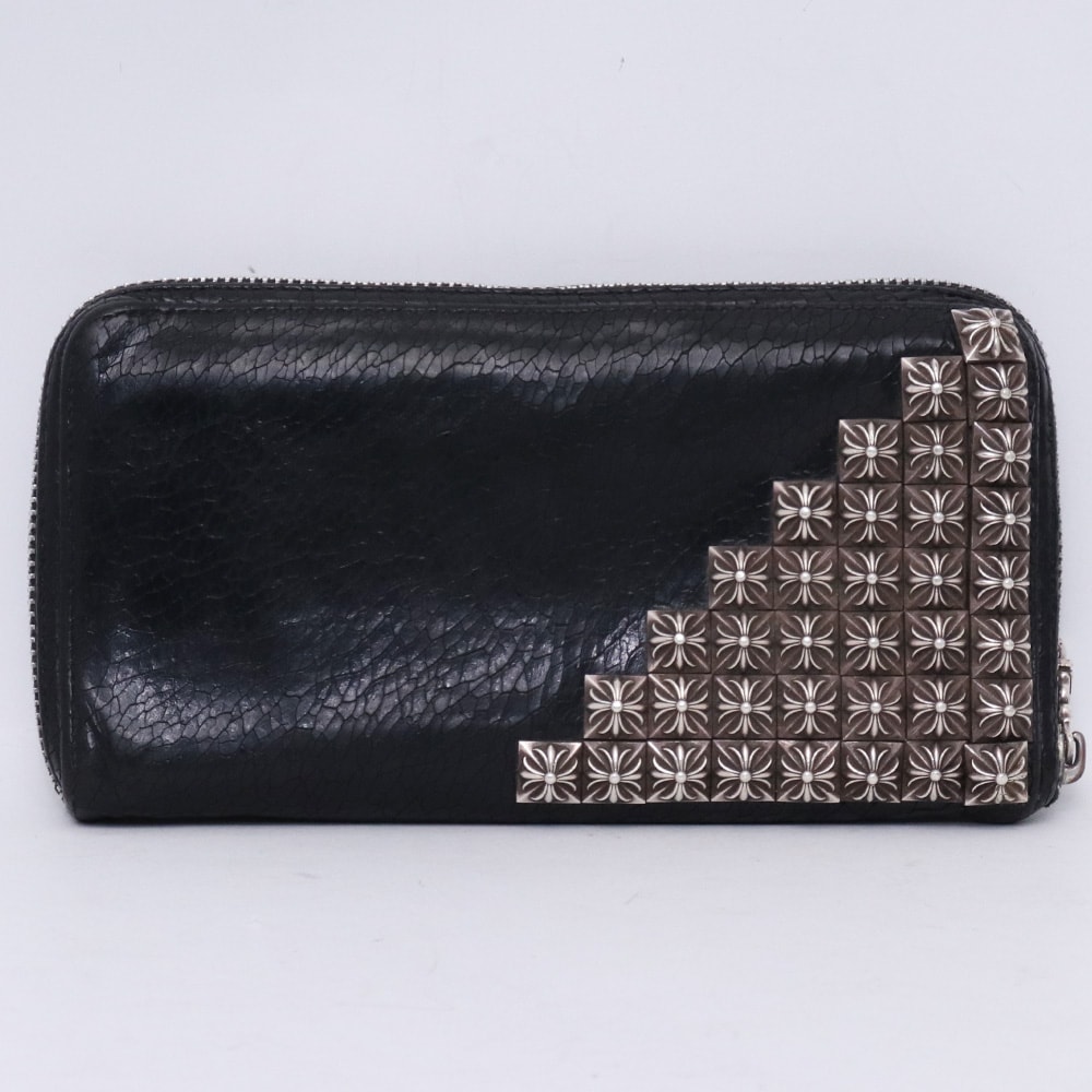 CHROME HEARTS REC F ZIP ゼロピラミッドスタッズコーナー ラウンドジップ ロングウォレット クラックレザー