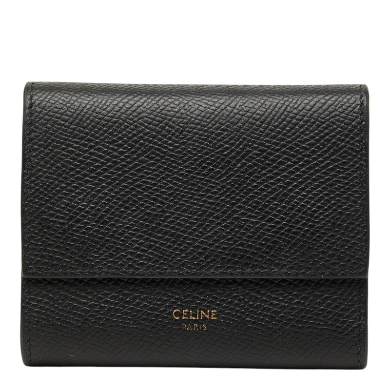 セリーヌ スモール トリフォールドウォレット 三つ折り財布 コンパクト ブラック グレインカーフレザー レディース CELINE 【中古】