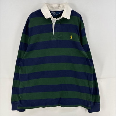 古着 ポロバイラルフローレン Polo by Ralph Lauren 長袖シャツ ワンポイント ラガーシャツ ロゴ 刺繍 XL グリーン ボーダー メンズ