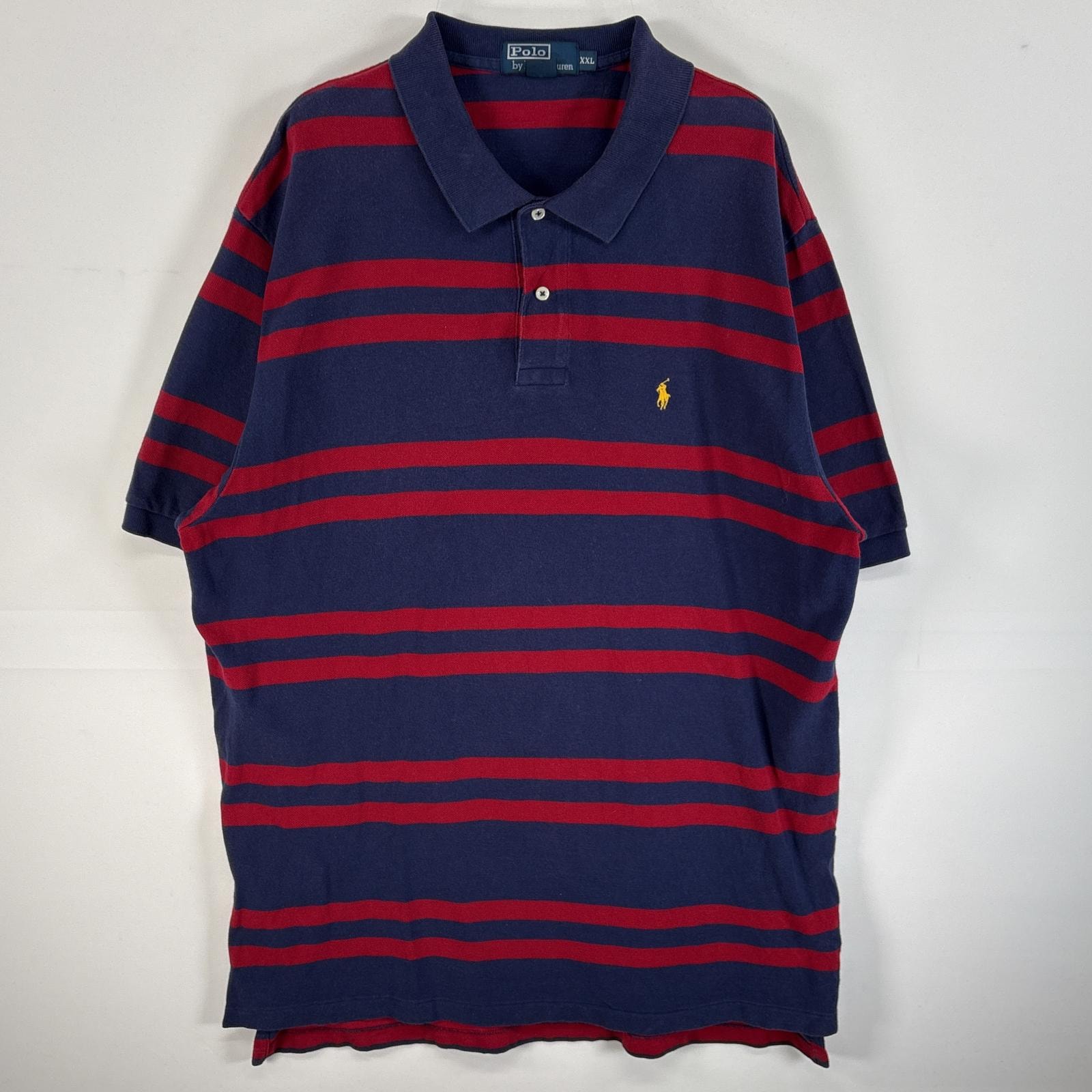 古着 ポロバイラルフローレン Polo by Ralph Lauren 鹿の子 半袖 ポロシャツ ロゴ 刺繍 大きいサイズ 2ボタン 14041 ネイビー系 ボーダー メンズ