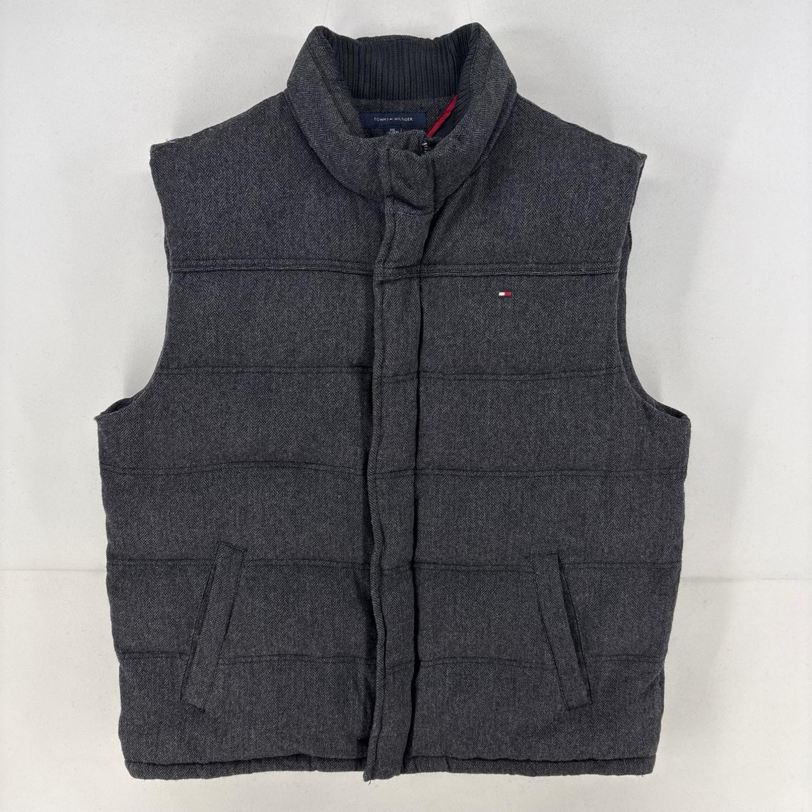 古着 トミーヒルフィガー TOMMY HILFIGER ヘリンボーン ベスト フルジップ ワンポイント 刺繍 ウール 中綿 2XL グレー メンズ