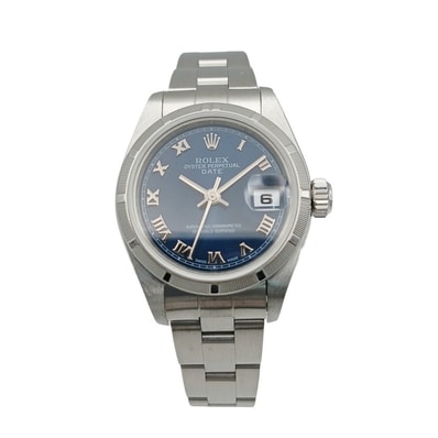 ROLEX ロレックス オイスターパーペチュアル デイト ローマ数字 P番 自動巻き 26mm エンジンターンドベゼル 腕時計 79190 ステンレススチール シルバー ブルー レディース【中古】