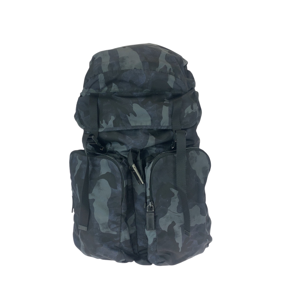 美品 PRADA プラダ テスート V136 カモフラ 迷彩 三角ロゴプレート ブラック グレー ガンメタ金具 ナイロン レザー/ リュック・デイパック バックパック 600133 【中古】