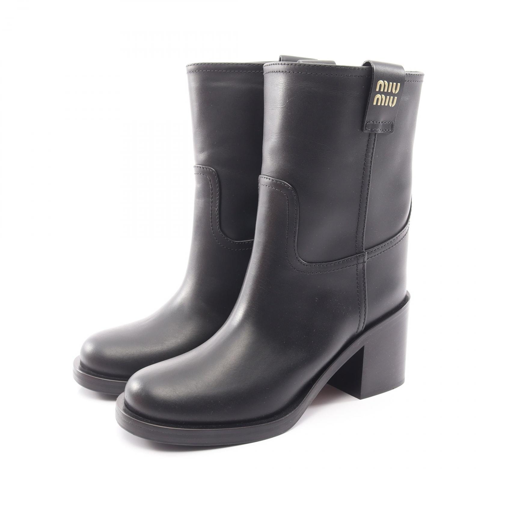 ミュウ ミュウ Miu Miu ロゴ ブーツ 靴 レザー レディース ブラック系 【中古】