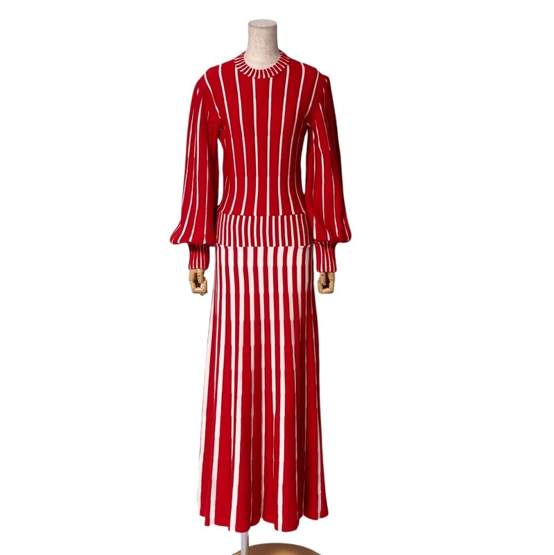 ■美品■MSGM  エムエスジーエム ワンピース サイズS ニットワンピース ロングワンピース ストライプ レッド/アイボリー イタリア製 ブランド古着【中古】20241125/RA1996