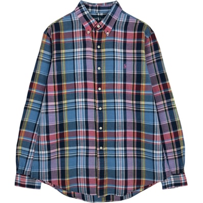 古着 ラルフローレン Ralph Lauren CUSTOM FIT チェック柄 長袖 リネン×コットン ボタンダウンシャツ メンズL相当/eaa633559
