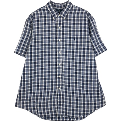 古着 ラルフローレン Ralph Lauren CUSTOM FIT チェック柄 半袖 リネン ボタンダウンシャツ メンズXL相当/eaa623554