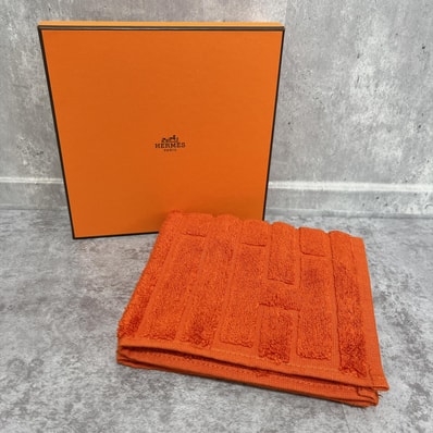 【HERMES】エルメス ハンカチ 箱付き コットン オレンジ H柄 Hロゴ 刺繍 総柄 フランス製 タオルハンカチ ハンドタオル メンズ レディース