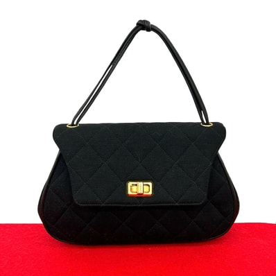 CHANEL シャネル ロゴ ターンロック 金具 コットン レザー ハンドバッグ ブラック
26335