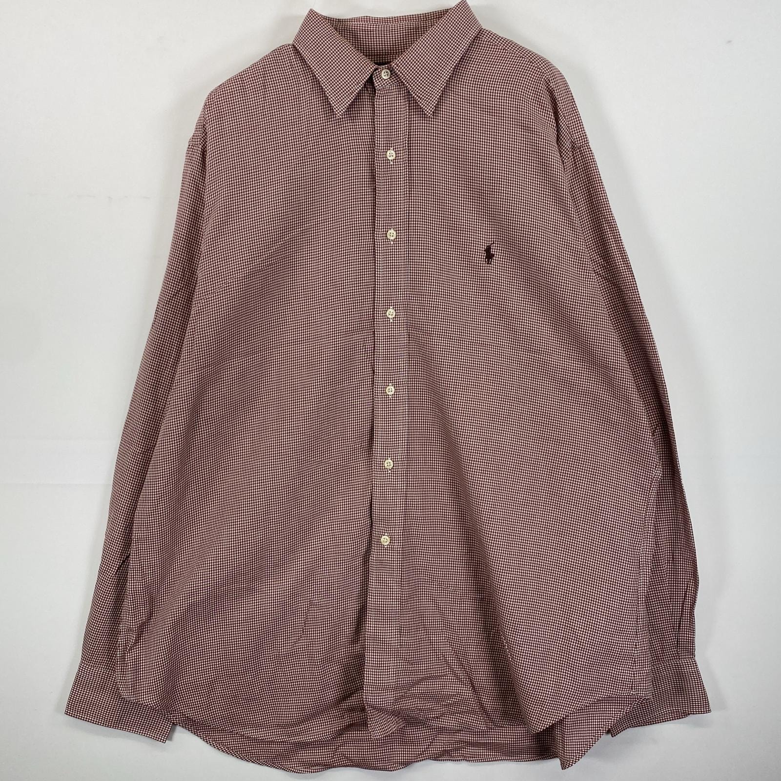 古着 90's/90年代 ラルフローレン RALPH LAUREN 長袖シャツ ワンポイントロゴ刺繍 17 2/1 XL-2XL  レッド系 チェック メンズ