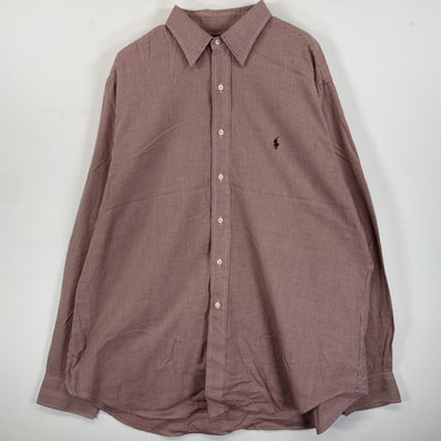 古着 90's/90年代 ラルフローレン RALPH LAUREN 長袖シャツ ワンポイントロゴ刺繍 17 2/1 XL-2XL レッド系 チェック メンズ