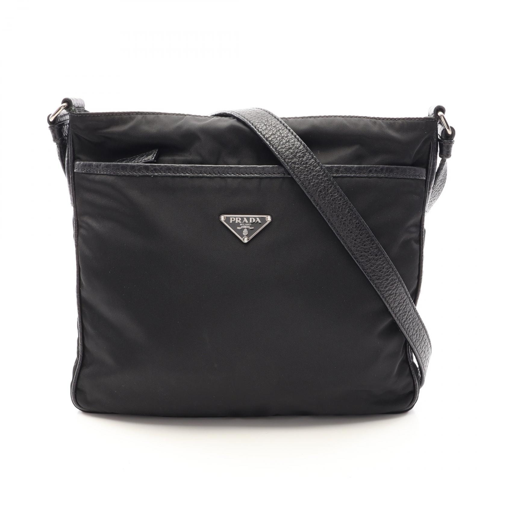 プラダ PRADA 三角プレート ショルダーバッグ バッグ ナイロン レザー レディース ブラック系 【中古】