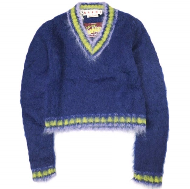 新品 MARNI マルニ 23AW イタリア製 FUZZY WUZZY ブルーストライプトリムモヘヤジャンパー Vネックカレッジニット CVMD0108Q0 UFU108 38 BLUE セーター 定価138,600円 トップス g23020
