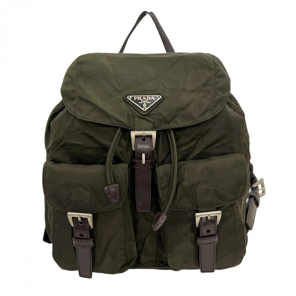 PRADA プラダ リュック テスート バックパック B6677 ナイロン  レザー   カーキ シルバー金具 レディース【中古品】