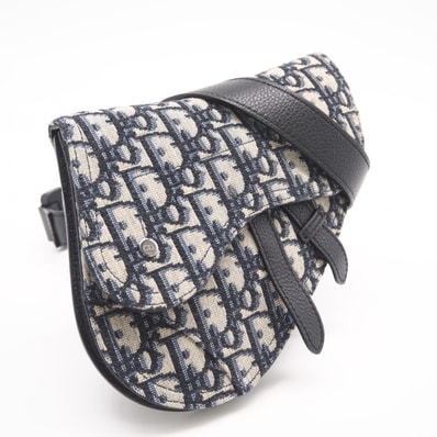 美品 Christian Dior クリスチャンディオール ディオール オブリーク ジャカード サドル ベルトバッグ - ショルダーバッグ ネイビー グレー コットン レディース