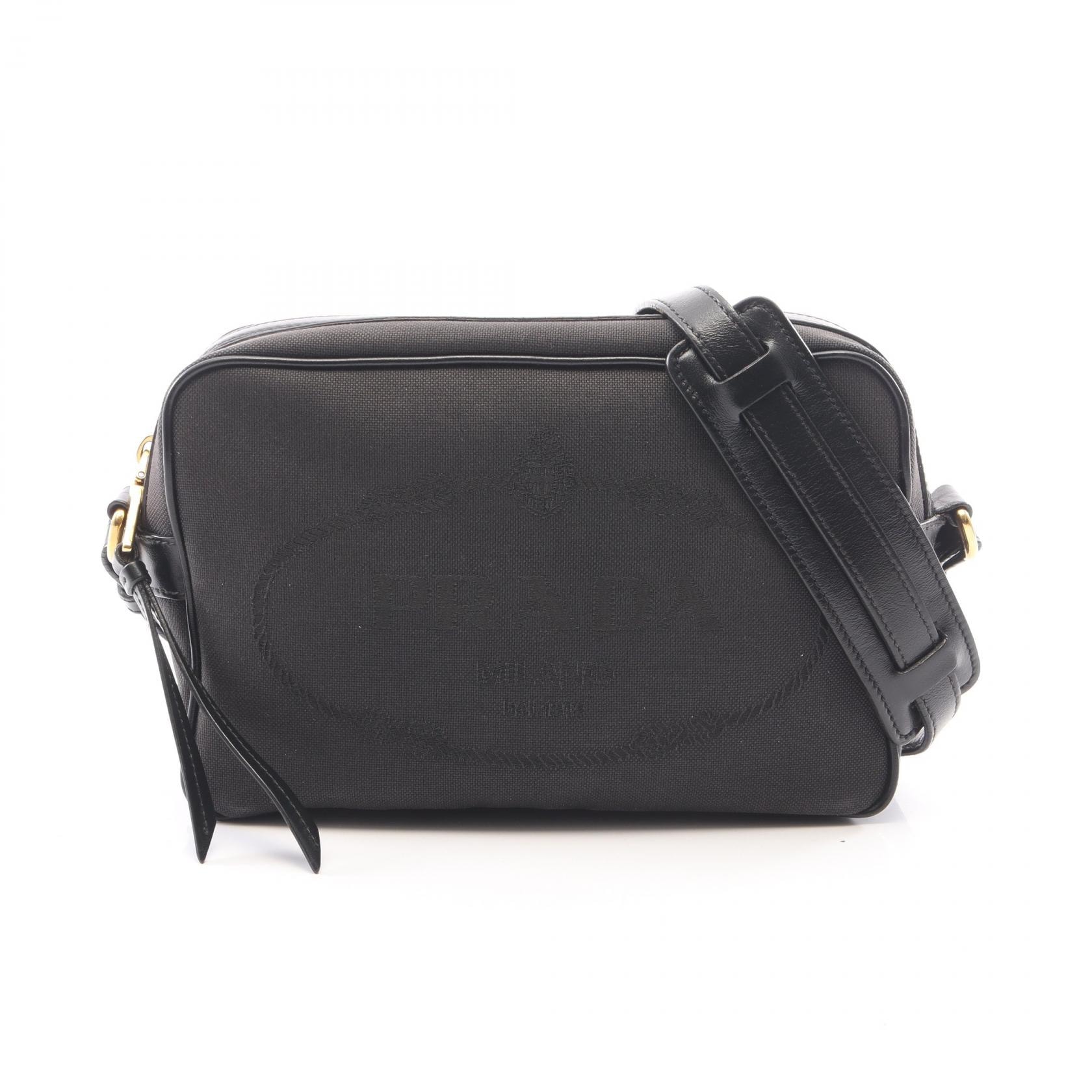 プラダ PRADA LOGO JACQUARD ロゴジャカード ショルダーバッグ バッグ キャンバス レザー レディース ブラック系 【中古】