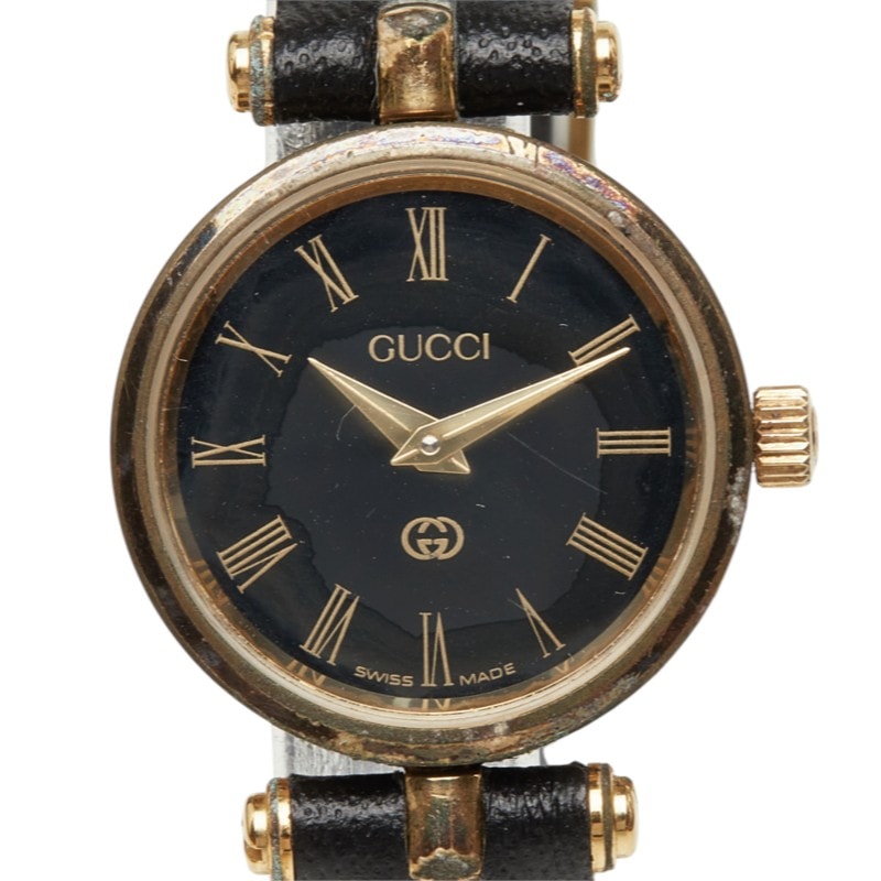 グッチ 腕時計 2000L クオーツ ブラック文字盤 ステンレススチール レザー レディース GUCCI 中古