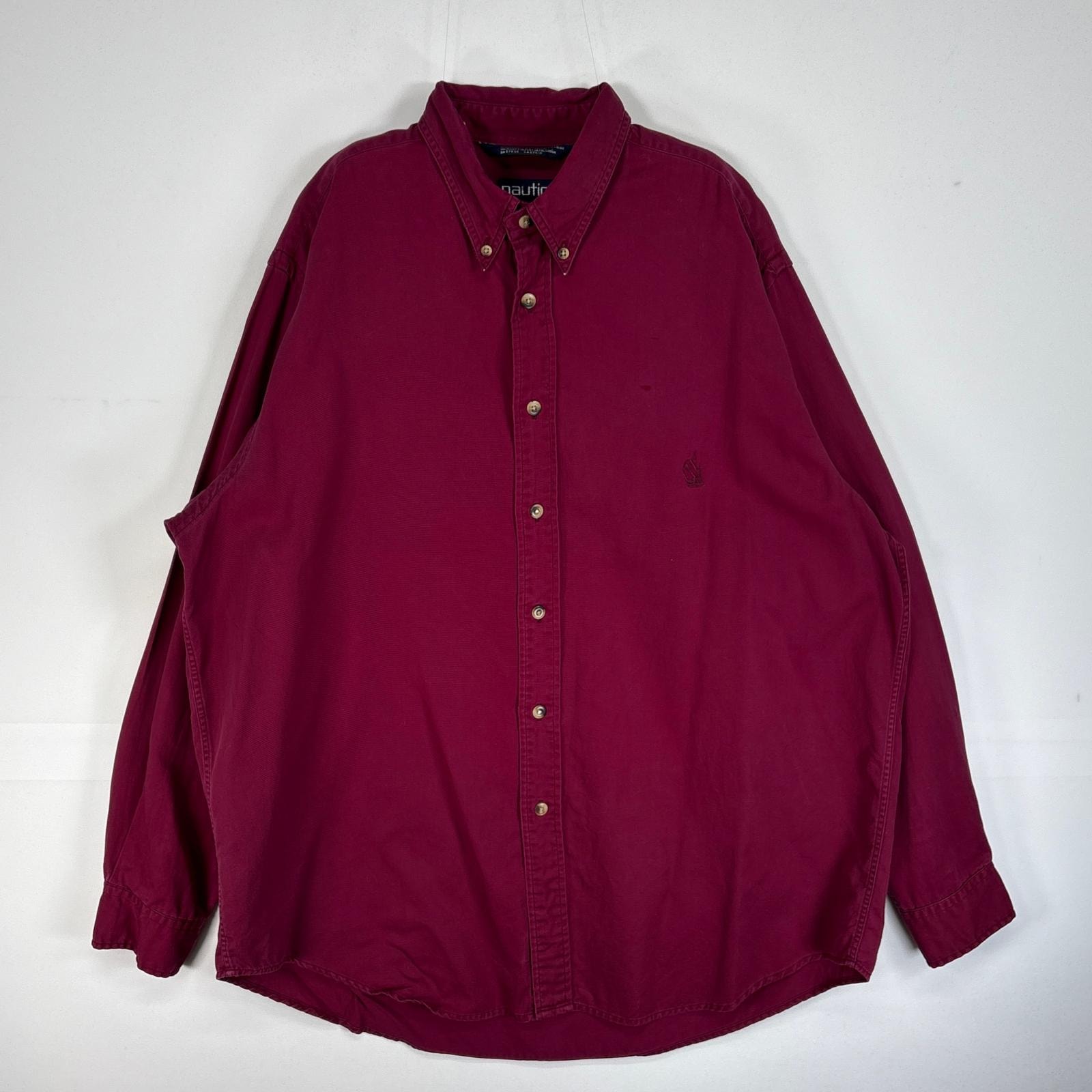 古着 90's/90年代 ノーティカ NAUTICA 長袖シャツ 旧ロゴ 刺繍 ボタンダウン 小文字タグ L レッド系 無地 メンズ