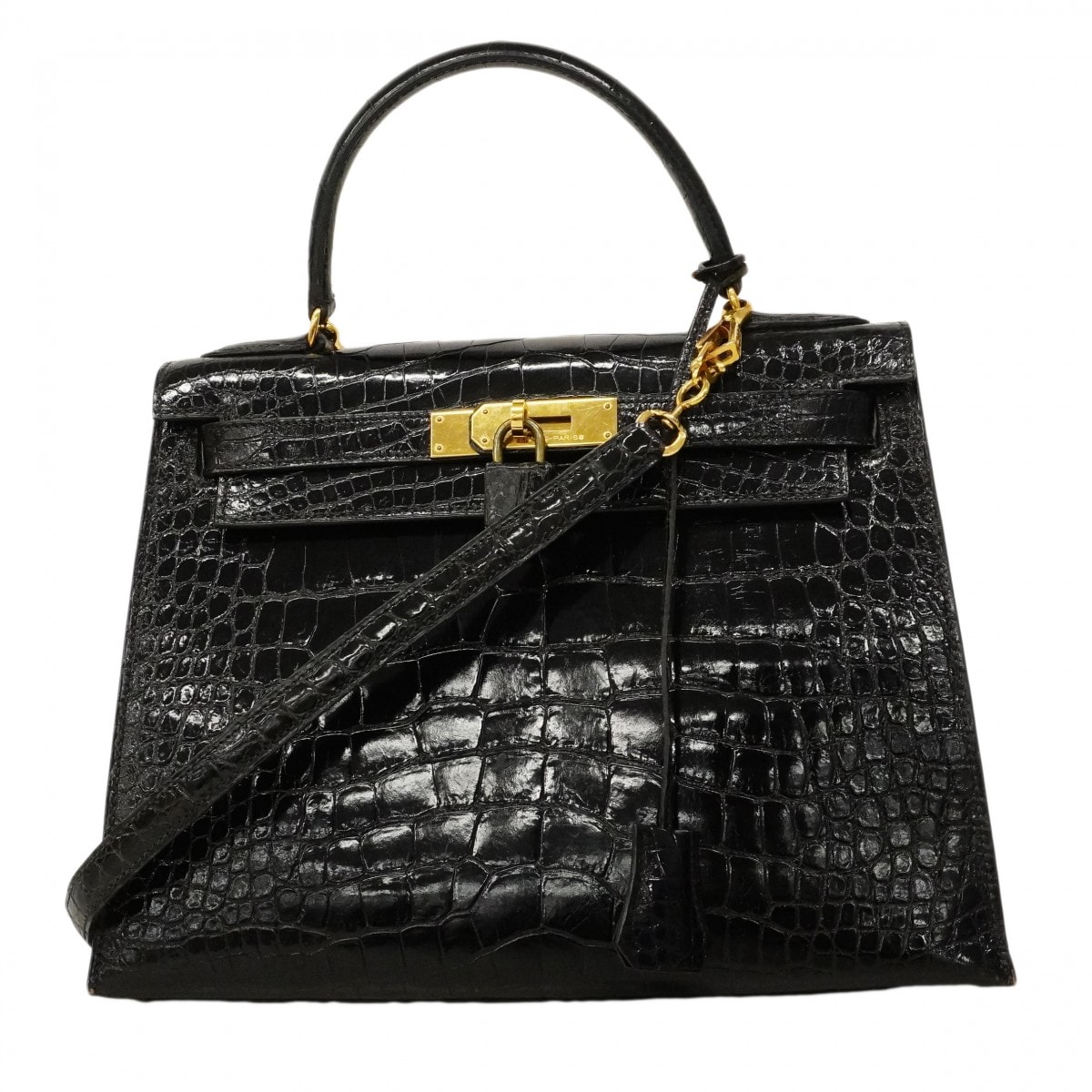 ★最終価格★SALE【6cd5226】エルメス ハンドバッグ ケリー28 アリゲーター ブラック ゴールド金具 □R刻印 2wayバッグ【中古】レディース