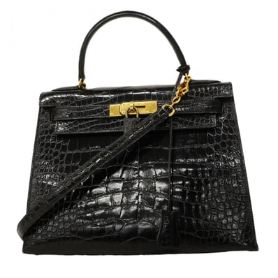 ★最終価格★SALE【6cd5226】エルメス ハンドバッグ ケリー28 アリゲーター ブラック ゴールド金具 □R刻印 2wayバッグ【中古】レディース