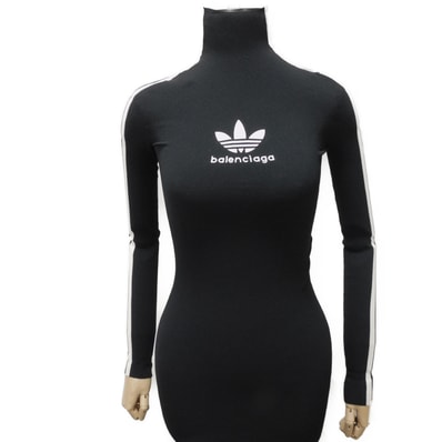 BALENCIAGA バレンシアガ トレフォイル ロゴ アスレチックドレス サイドライン ナイロン ニット モックネック タイト M 165/88A 未使用 アディダス ブラック ホワイト ワンピース 725429 T6211 1070