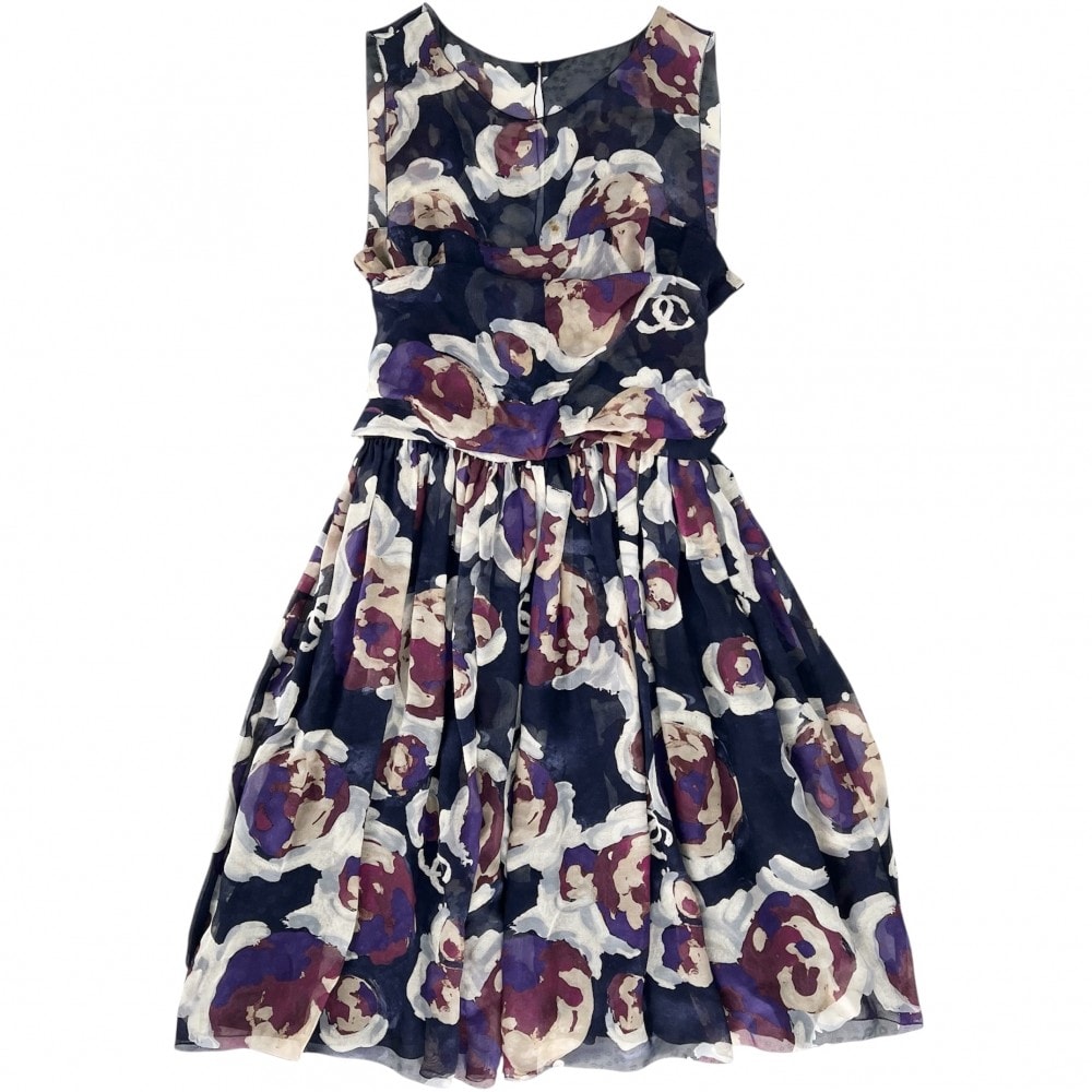 CHANEL シャネル ワンピース ココマーク 花柄 ノースリーブ シースルー アパレル 服 38 ネイビー 紺 マルチカラー シルク    レディース 夏【中古品】
