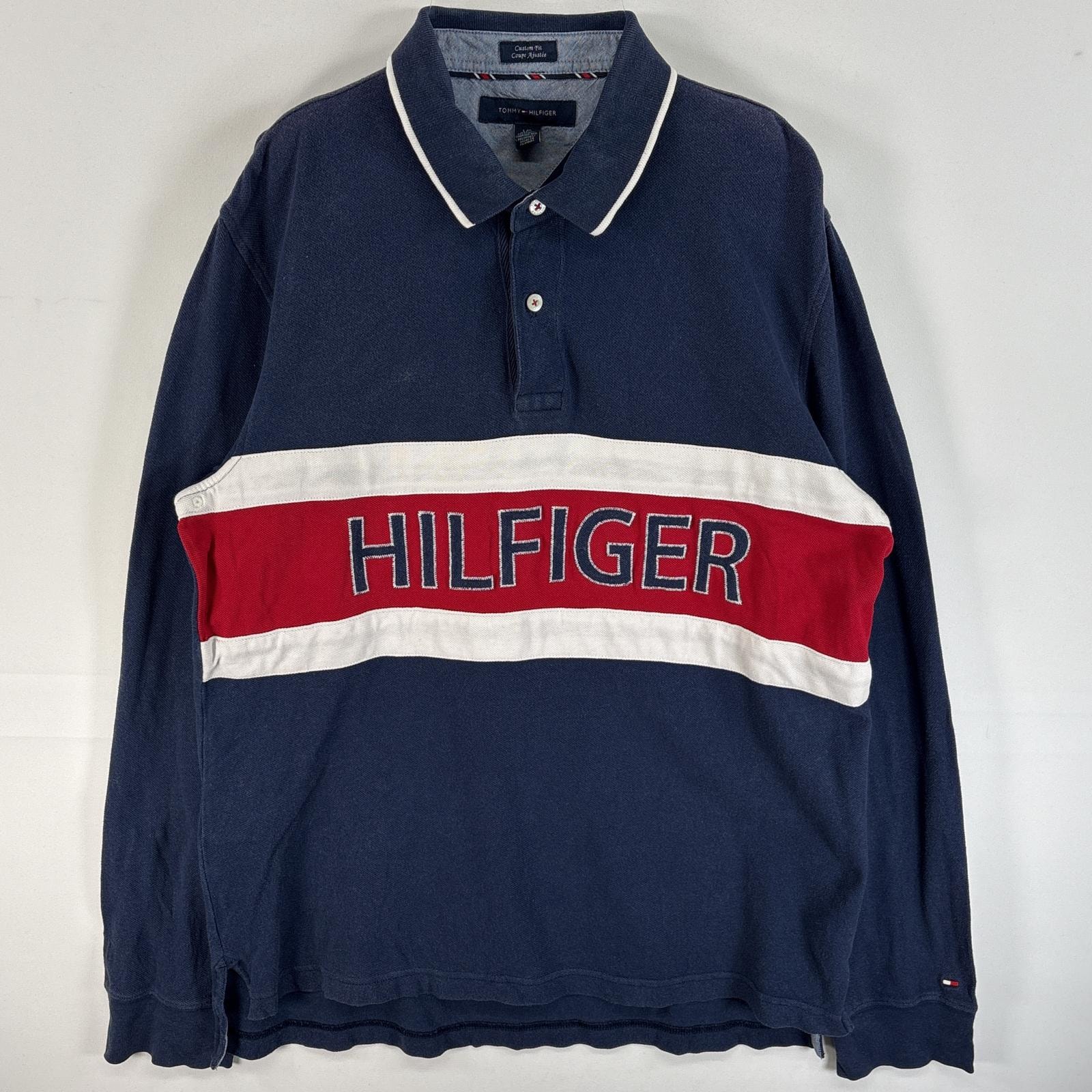 古着 トミーヒルフィガー TOMMY HILFIGER 長袖 ポロシャツ 2ボタン ロゴ 刺繍 ボーダー L ネイビー系 マルチカラー メンズ