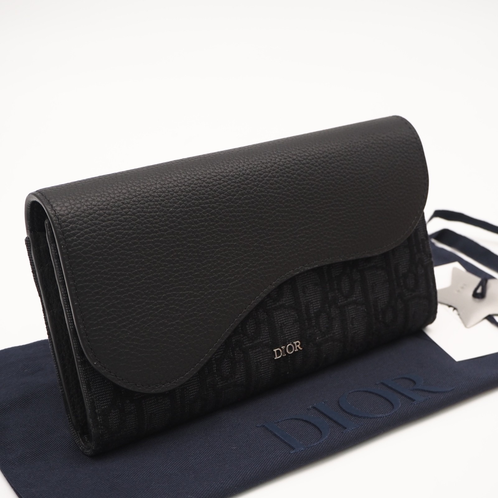 美品 Dior ディオール ディオール オブリーク ジャカード グレインドカーフスキン Saddle ロングウォレット 2ADBC321YKS 長財布 ブラック グレー キャンバス レザー メンズ