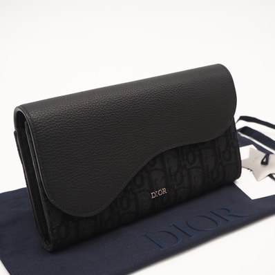 美品 Dior ディオール ディオール オブリーク ジャカード グレインドカーフスキン Saddle ロングウォレット 2ADBC321YKS 長財布 ブラック グレー キャンバス レザー メンズ