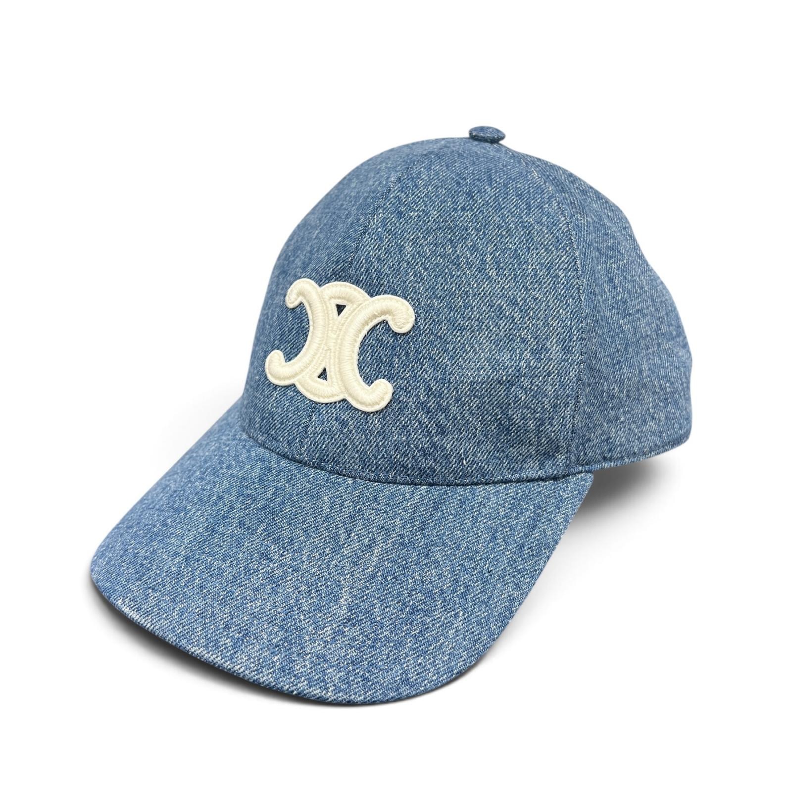 CELINE 極美品 セリーヌ TRIOMPHE BASEBALL CAP トリオンフ ベースボール キャップ デニム 2AUT6930F コットン #M ブルー ホワイト 帽子 ロゴ マカダム Aランク 中古 鑑定済 セリーヌキャップ