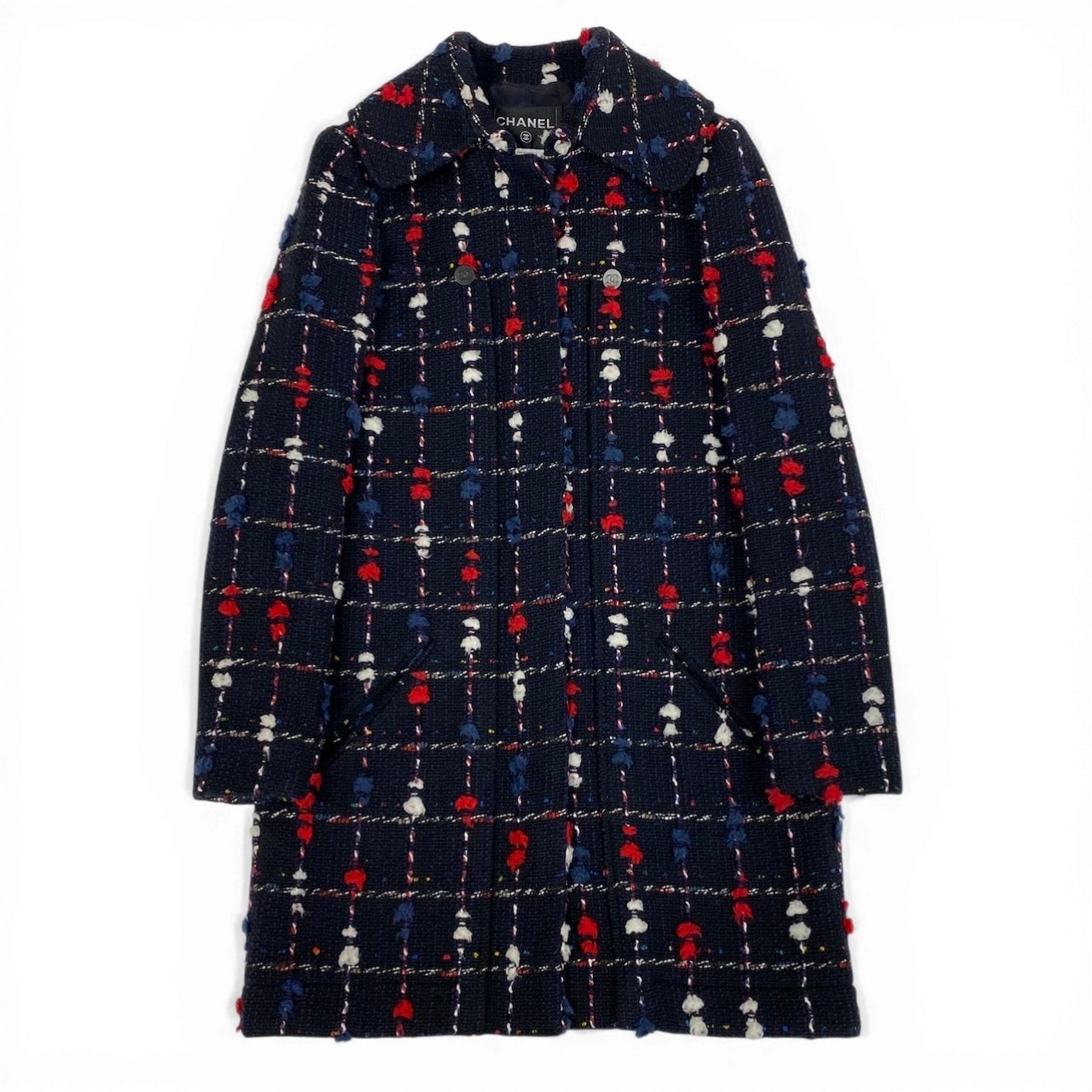 超美品 CHANEL シャネル CCボタン ツイード ネイビー ウール コットン/ アクリル ナイロン/ ステンカラーコート A3-00299 【中古】