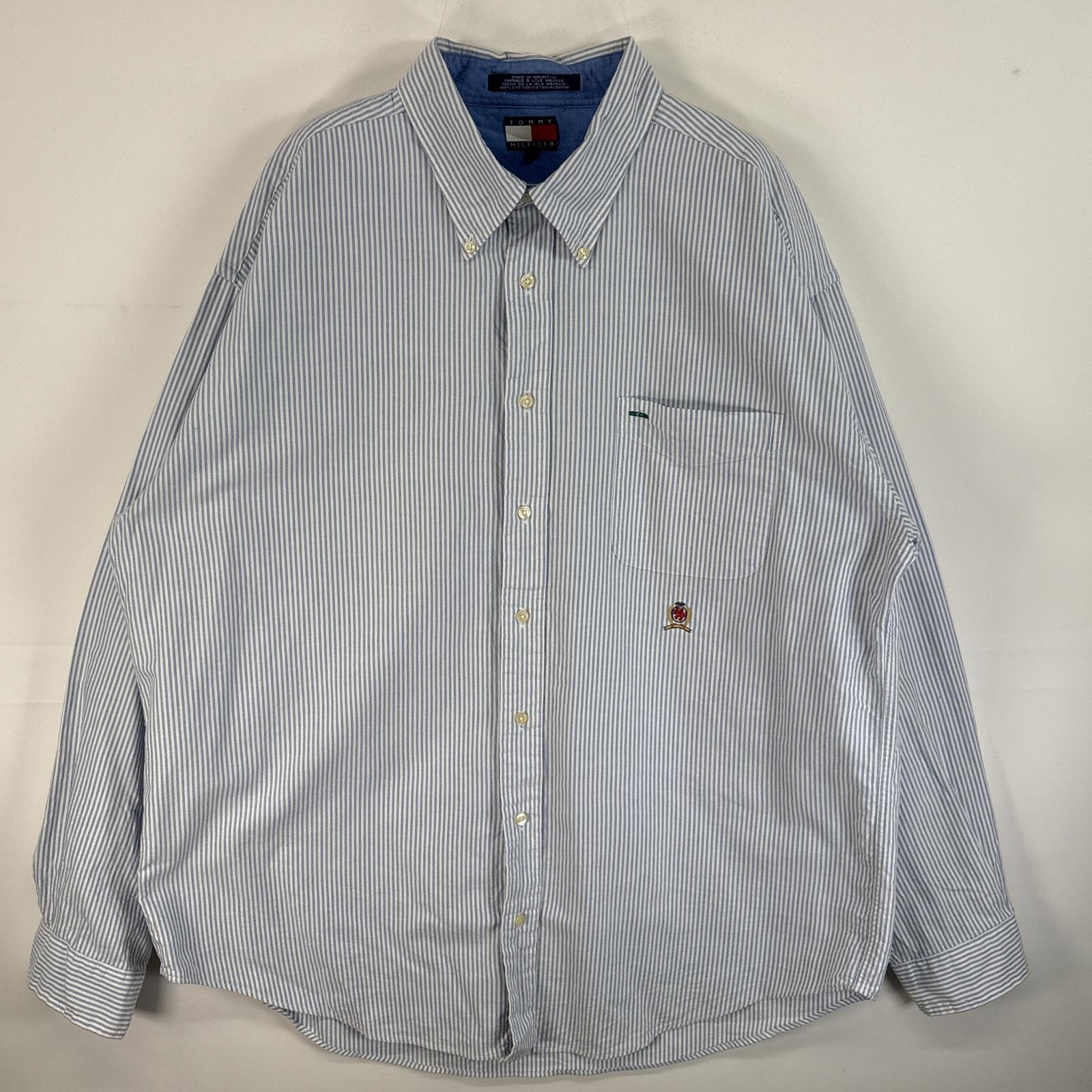 古着 90's/90年代 トミーヒルフィガー TOMMY HILFIGER 長袖シャツ ボタンダウンシャツ ロゴ 刺繍 大きいサイズ 14041 水色系 ストライプ メンズ