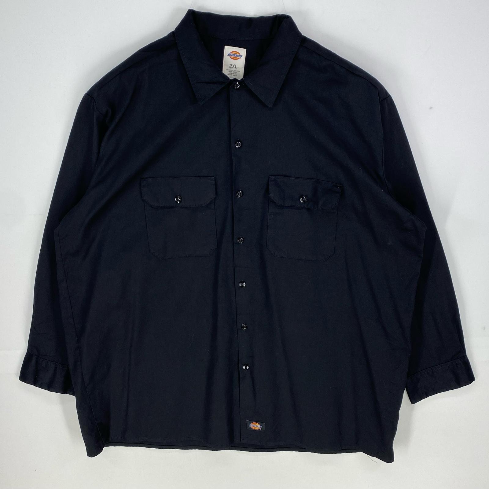 古着 ディッキーズ Dickies 長袖シャツ 胸ポケット 大きいサイズ ロングスリーブ ワーク 2XL ブラック系 無地 メンズ