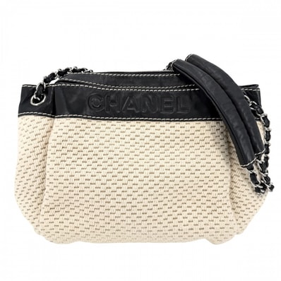 CHANEL シャネル ハンドバッグ ロゴ チェーン 肩掛け レザー キャンバス ベージュ ブラック 黒 シルバー金具 レディース【中古品】