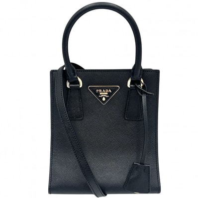 PRADA プラダ 2WAY トライアングルロゴ ミニトートバッグ ハンドバッグ ショルダーバッグ 肩掛け 斜め掛け 1BA358 レザー ブラック 黒 ゴールド金具 レディース【中古品】