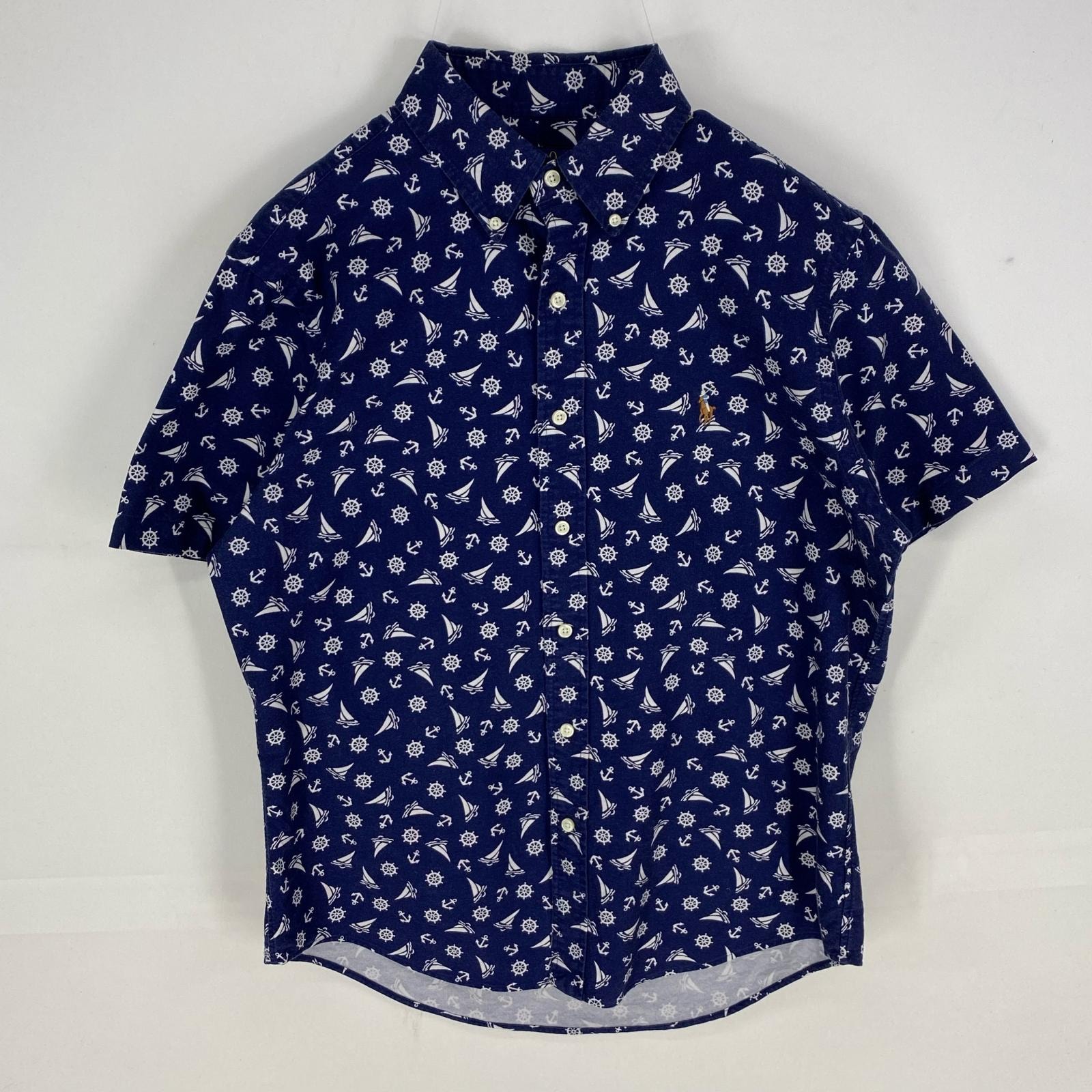 古着 ポロ・ラルフローレン POLO RALPH LAUREN 半袖シャツ ボタンダウン ショートスリーブ ヨット M  ネイビー系 メンズ