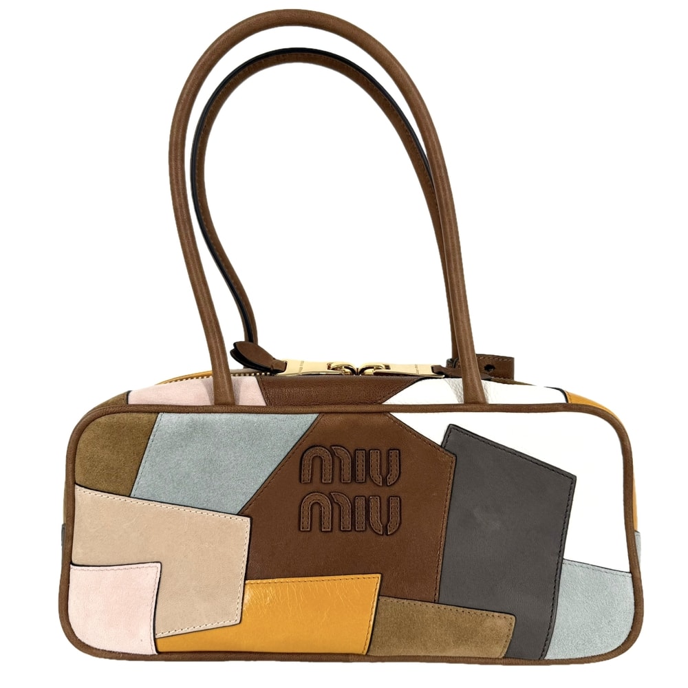 MIUMIU ミュウミュウ ハンドバッグ パッチワーク ボー トートバッグ 5BB173 レザー  スエード   ブラウン 茶 マルチカラー ゴールド金具 レディース【中古品】