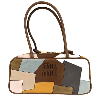 MIUMIU ミュウミュウ ハンドバッグ パッチワーク ボー トートバッグ 5BB173 レザー スエード ブラウン 茶 マルチカラー ゴールド金具 レディース【中古品】